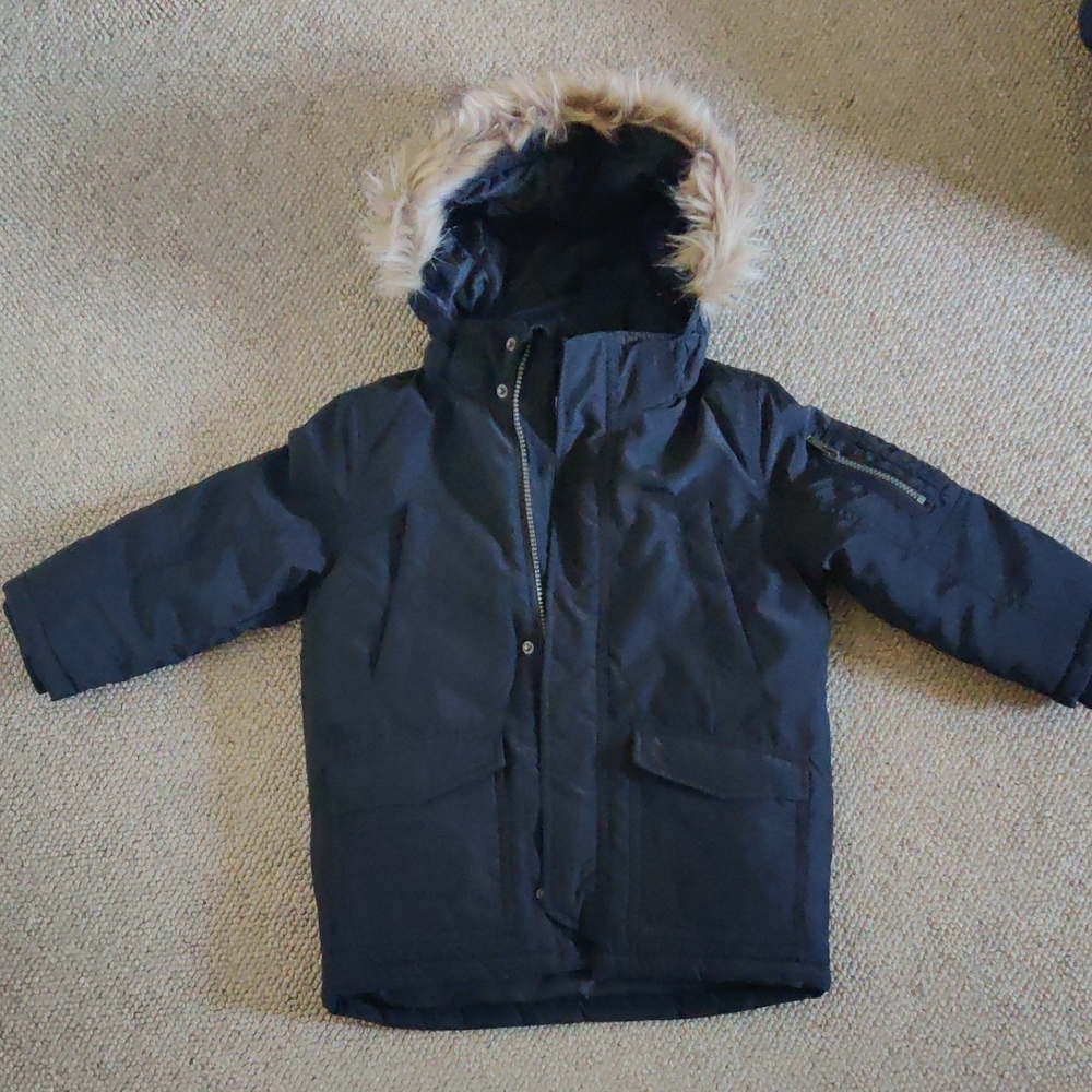 H&M Black Hooded Parka with Faux Fur Trim And Removable Hood, 4T